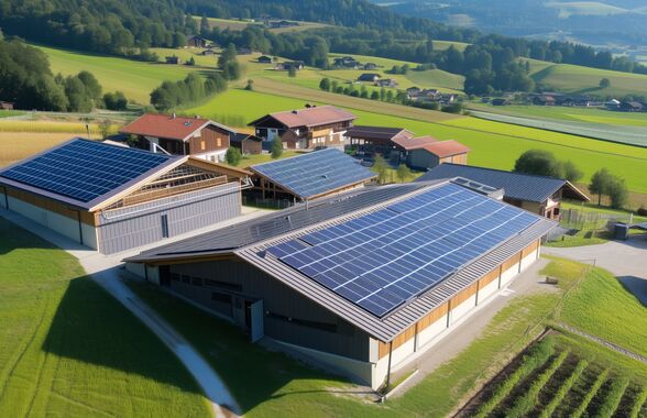 Luftbild eines großen Bauernhofs mit PV-Anlage auf dem Dach