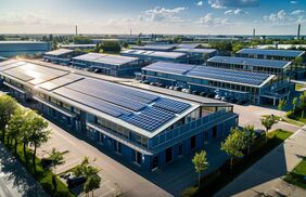 Firmengebäude mit unzähligen PV-Modulen auf dem Dach