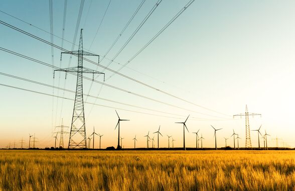 Windräder und Hochspannungsmasten, davor Getreidefelder